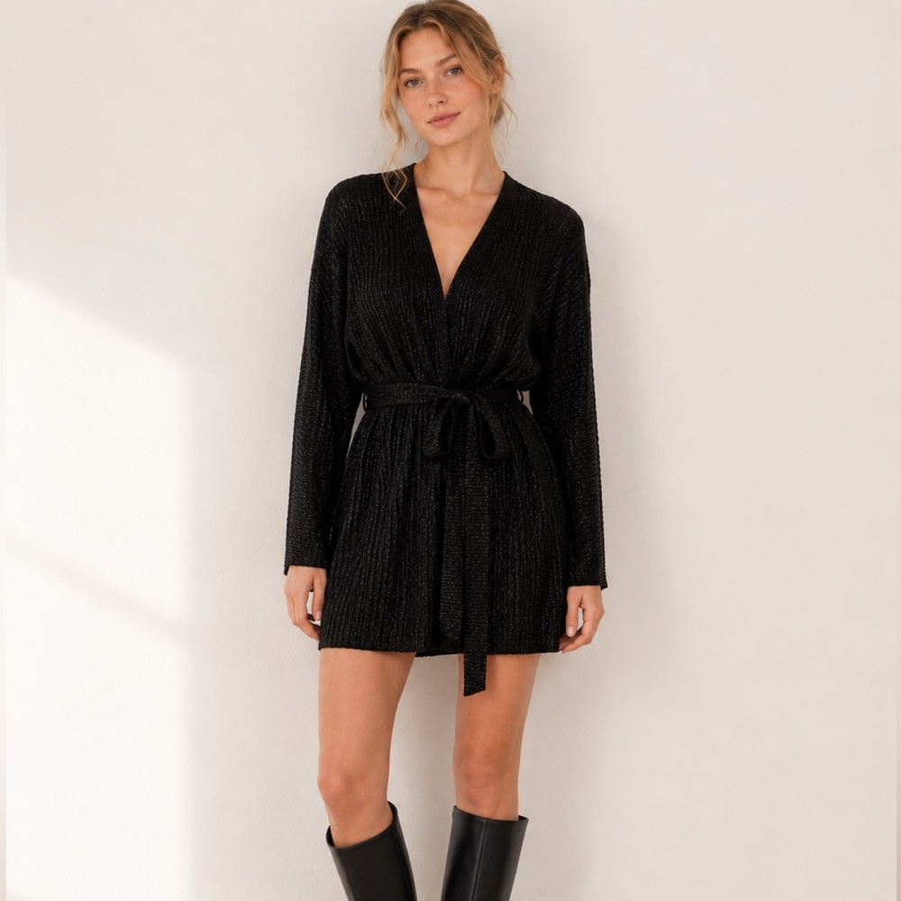 NWT H&M Black Metallic Ribbed Wrap Mini Dress | Size S